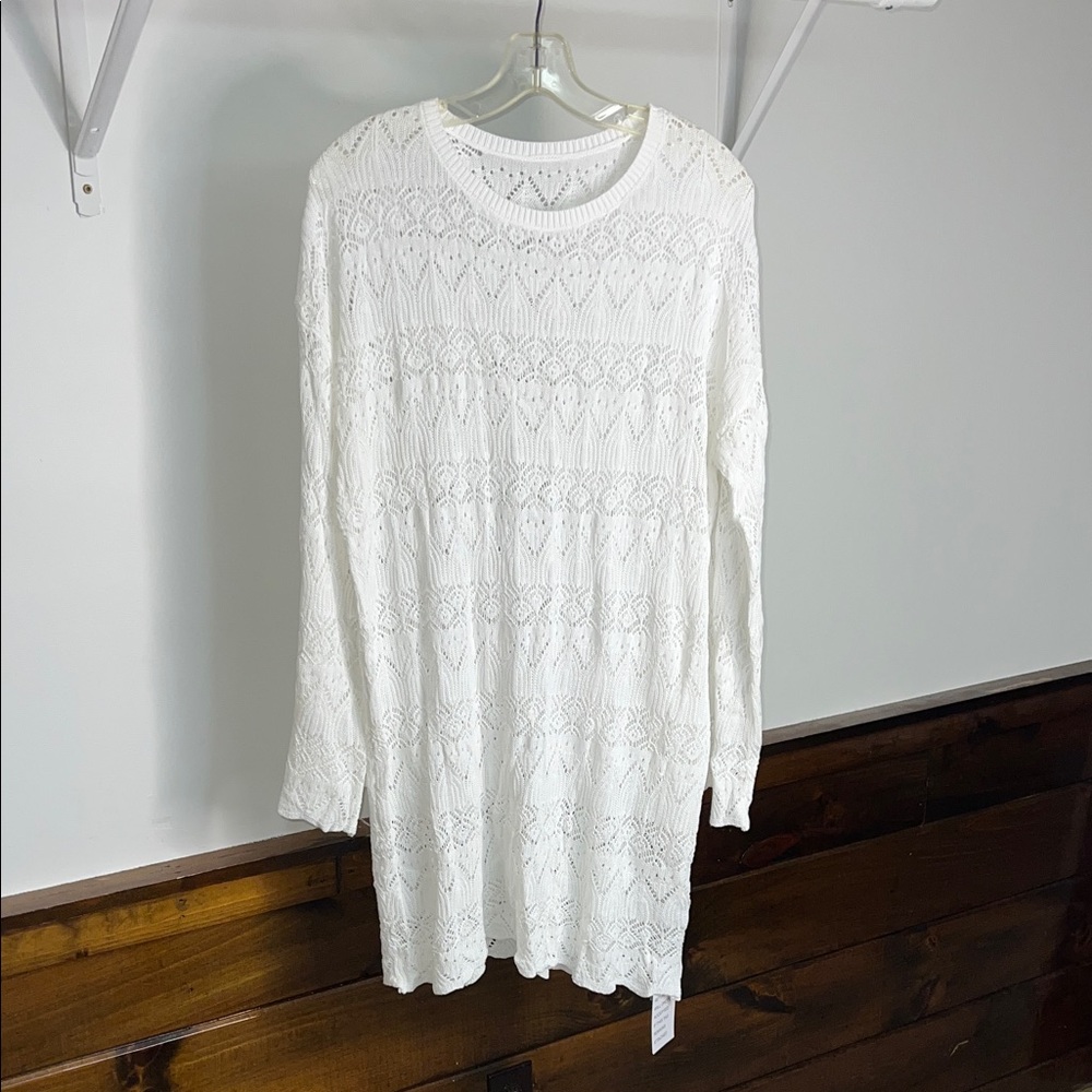 Cici Bird Knit White Long Sleeve Dress or Swim Cover- XL